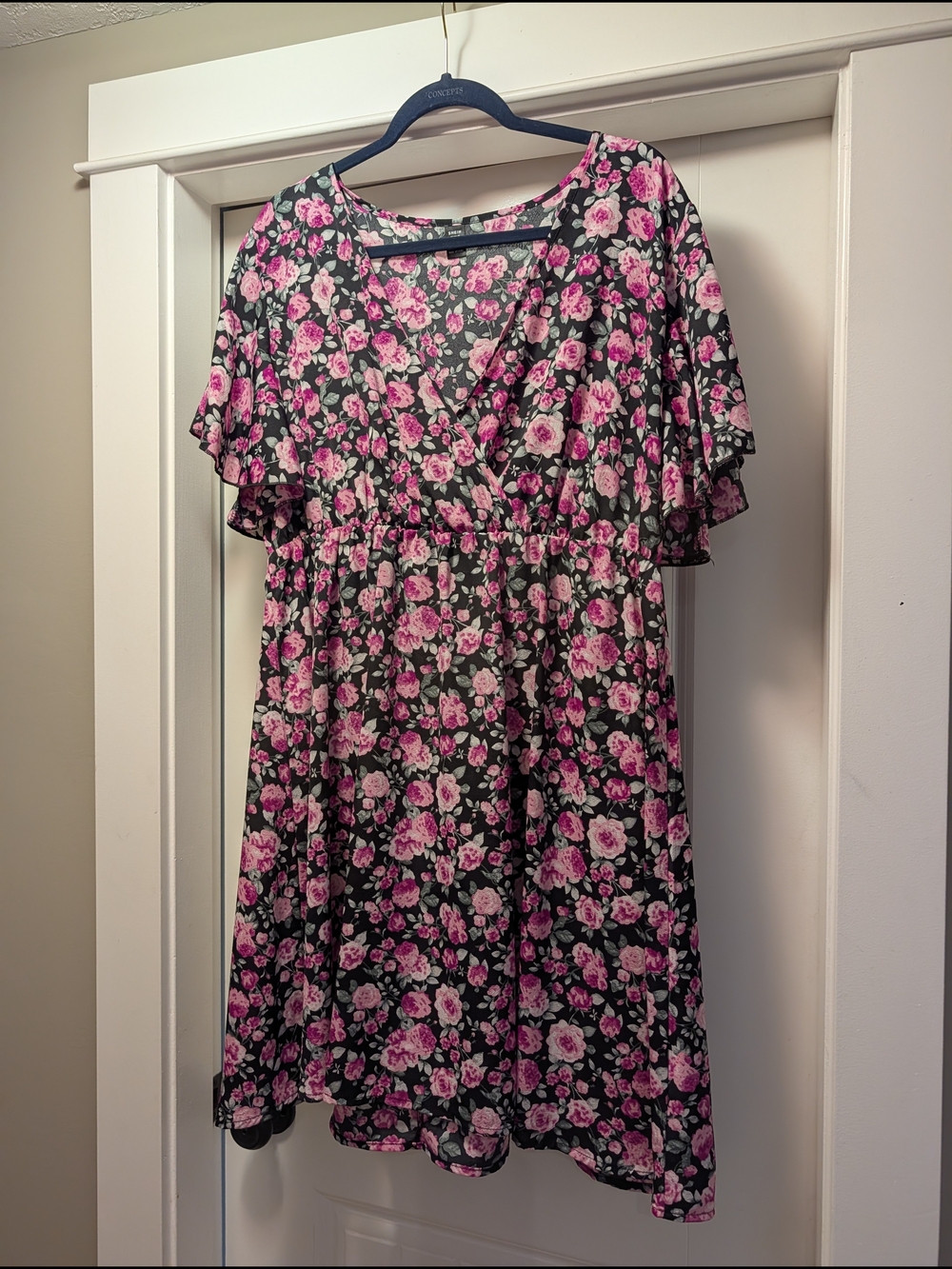 SHEIN Black Floral Pink Rose V-Neck Dress